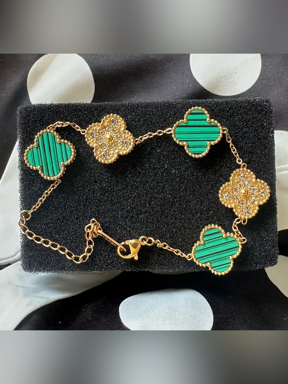 NWT 18K Gold Plated Clover Link Bracelet w/Green Enamel & Crystal Accents